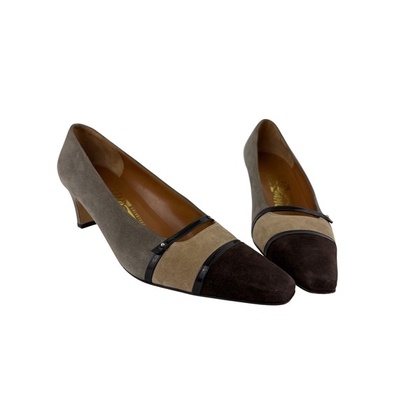 Salvatore Ferragamo Shoes - Vintage Salvatore Ferragamo Tri-Color Suede Pumps Size 7.5B Block Heel Old Money